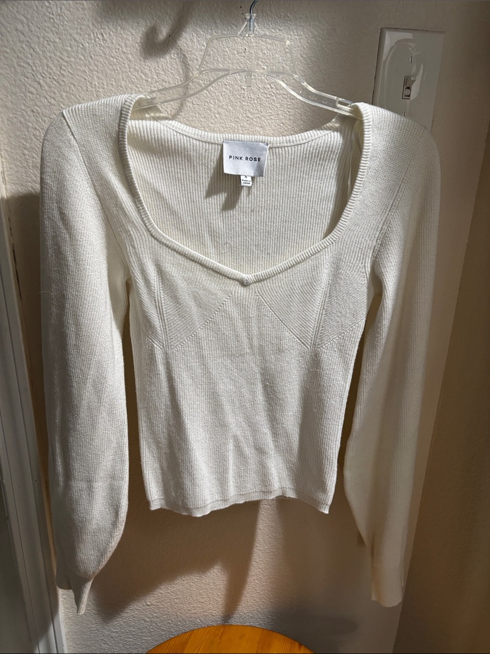 Pink Rose Cream Ribbed Scoop Neck Long Sleeve Top S
